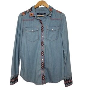 Driftwood Womens Medium Embroidered Denim Western Snap Button Shirt Light Washi
